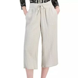 JM Collection Wide Leg Gauze Pants Cropped Small Tan
